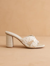 Load image into Gallery viewer, White Pearl Embroidered Raffia Block Heel