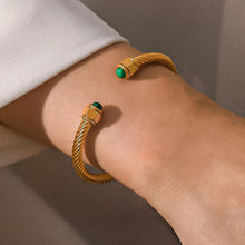 Load image into Gallery viewer, Green Stone Gold Braided Bangle