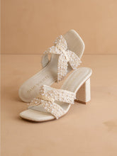 Load image into Gallery viewer, White Pearl Embroidered Raffia Block Heel