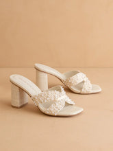 Load image into Gallery viewer, White Pearl Embroidered Raffia Block Heel