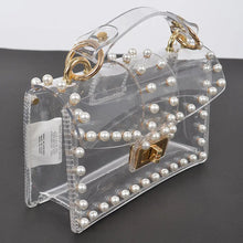 Load image into Gallery viewer, Clear Pearl Studded Purse Gold Detailing

