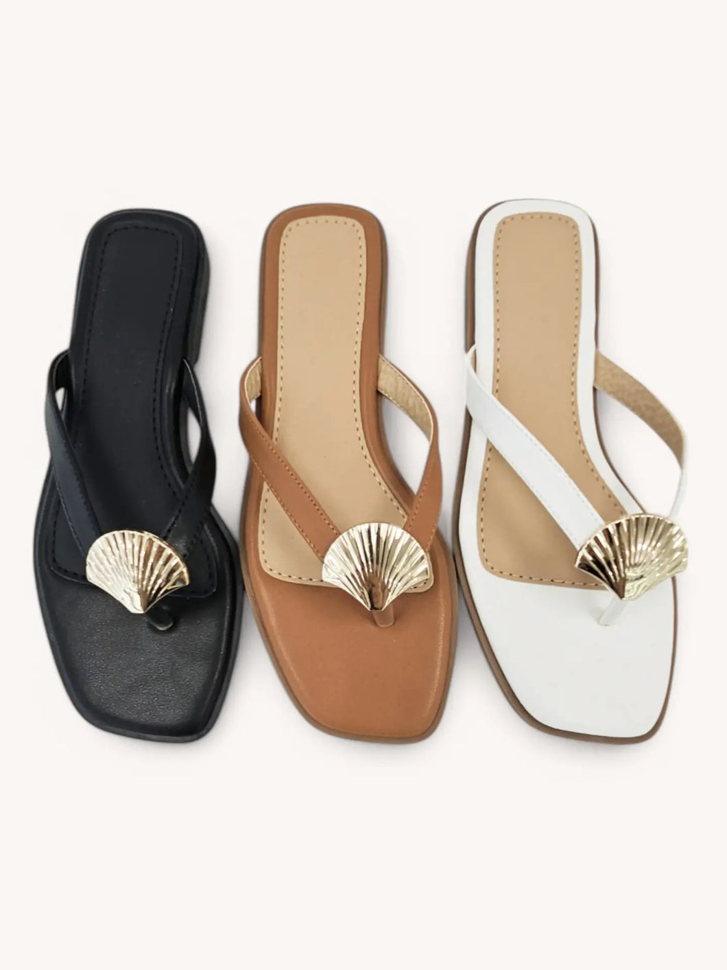 Gold Sea Shell Black Sandals
