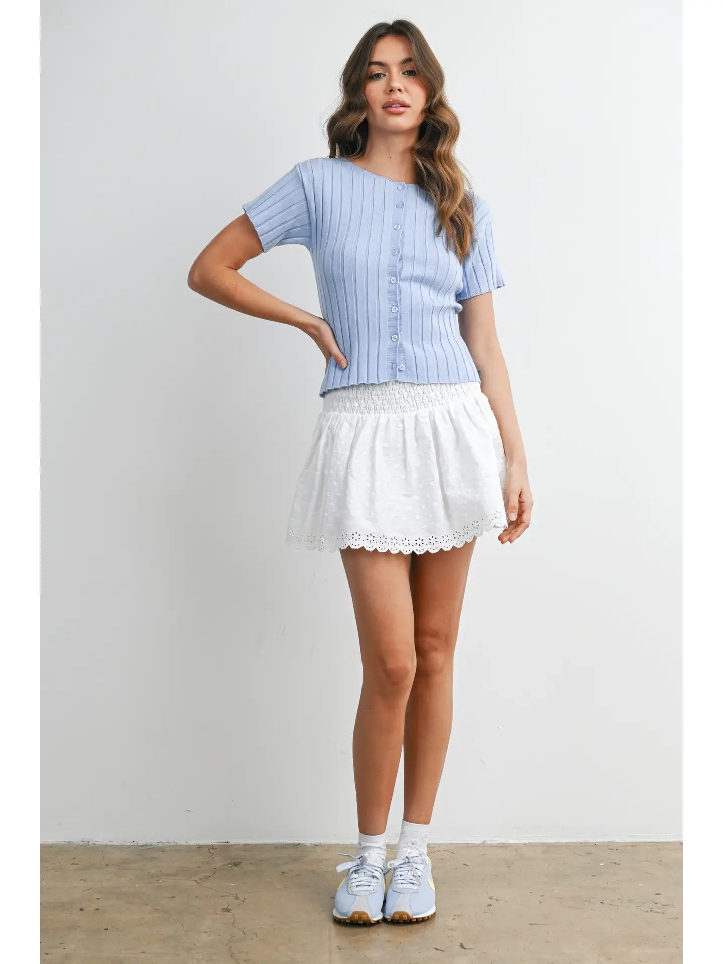 Ribbed Short Sleeve Buttoned Top