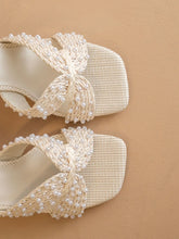 Load image into Gallery viewer, White Pearl Embroidered Raffia Block Heel
