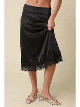 Load image into Gallery viewer, Black Lace Trim Satin Midi Skirt
