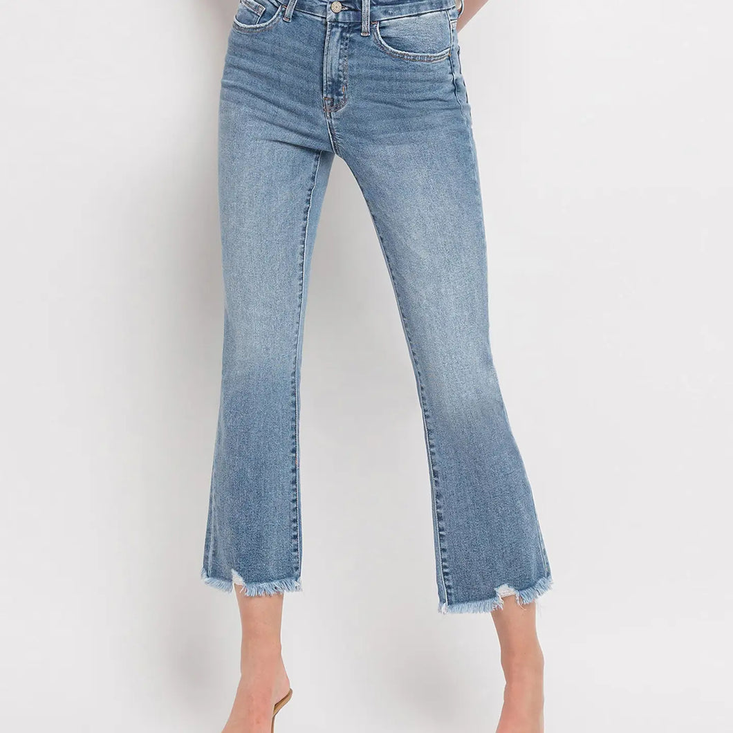 High Rise Frayed Hem Crop Flare Jeans