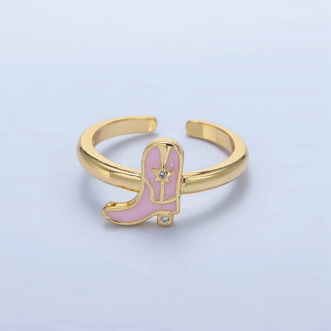 Gold Pink Enamel Cowboy Boots Ring