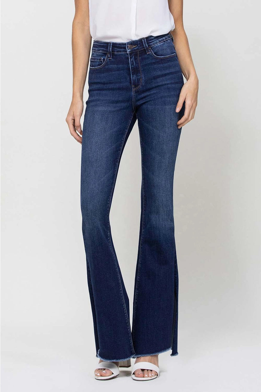 High Rise Slit Raw Hem Flare Jeans