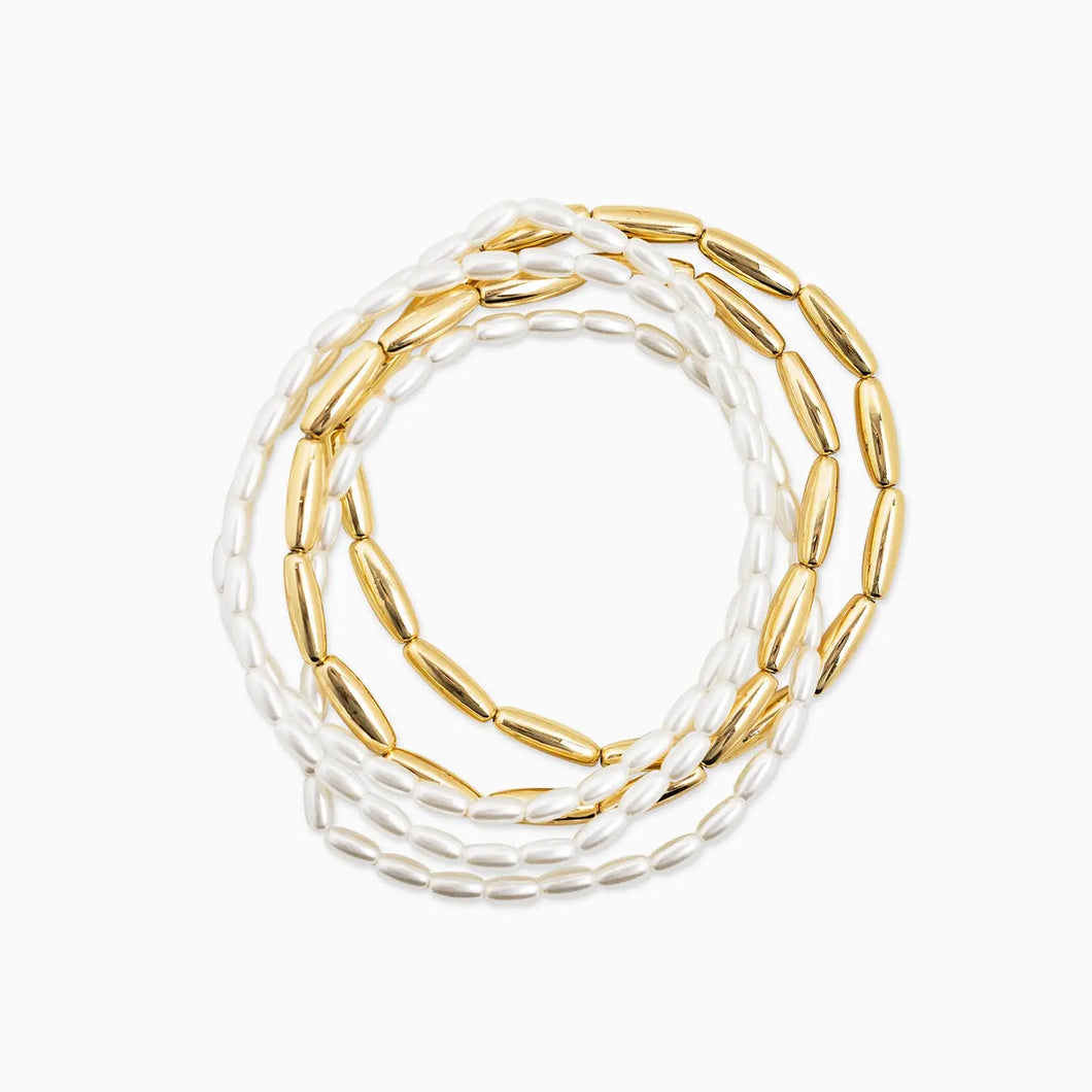 Acrylic Pearl Oval Beaded Stretch Bracelet Set of 3