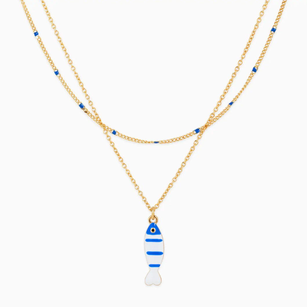Layered Sea Life Marine Blue Fish Charm Necklace