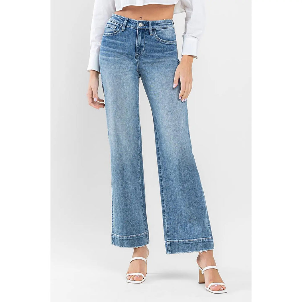 High Rise Trouser Hem Wide Leg Jeans