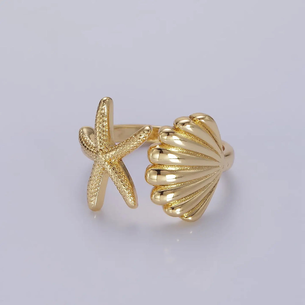 Gold Shell Star Fish Beach Adjustable Ring