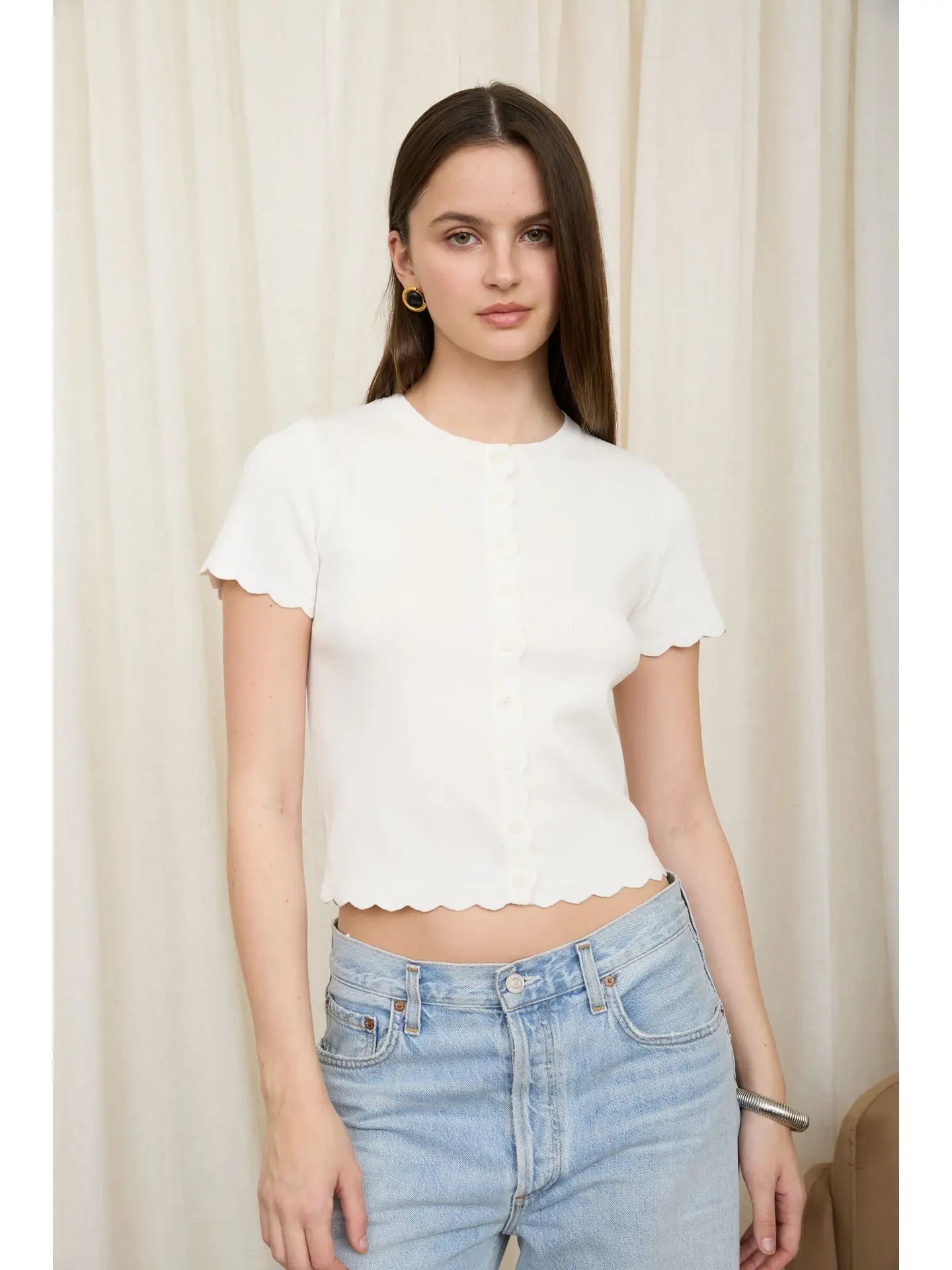 Scalloped Short Sleeve Button Down Knit Cardigan