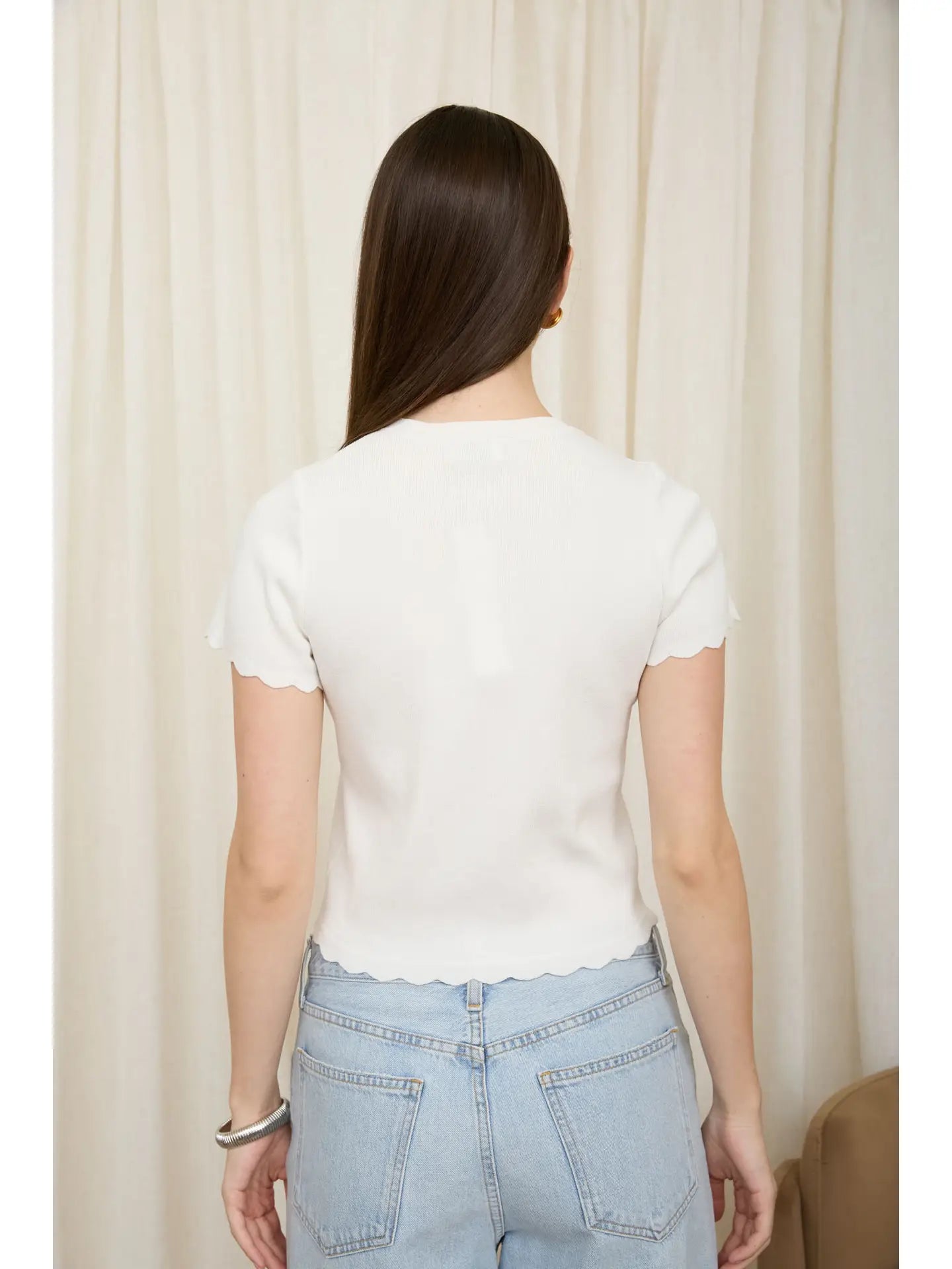 Scalloped Short Sleeve Button Down Knit Cardigan