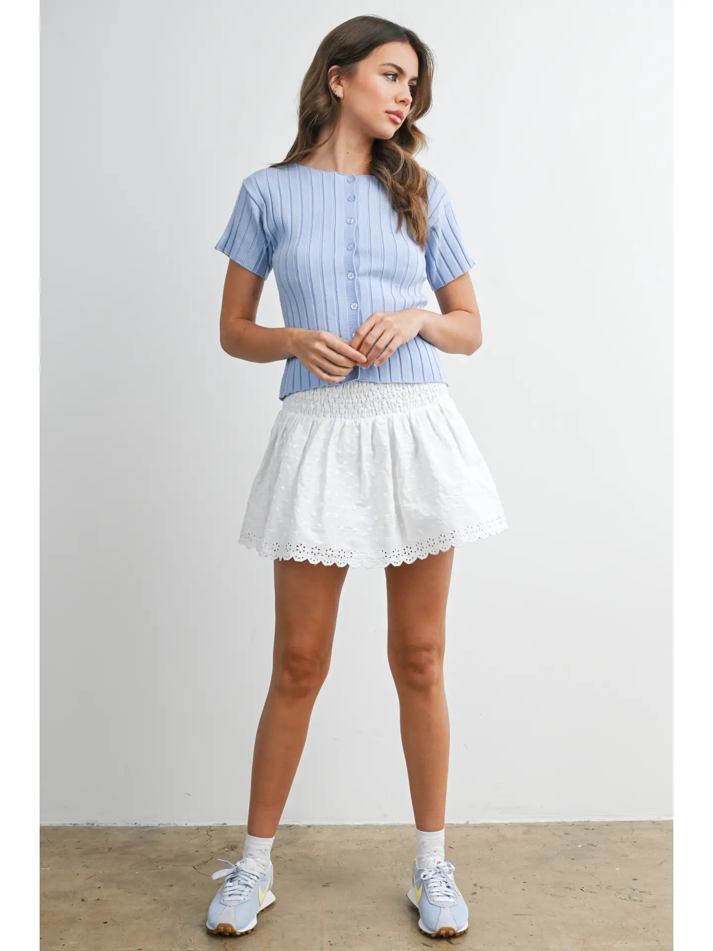 Ribbed Short Sleeve Buttoned Top