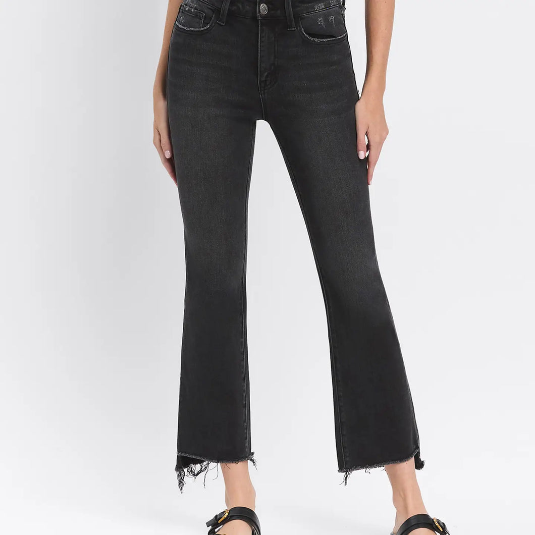 High Rise Raw Step Hem Crop Flare Jeans