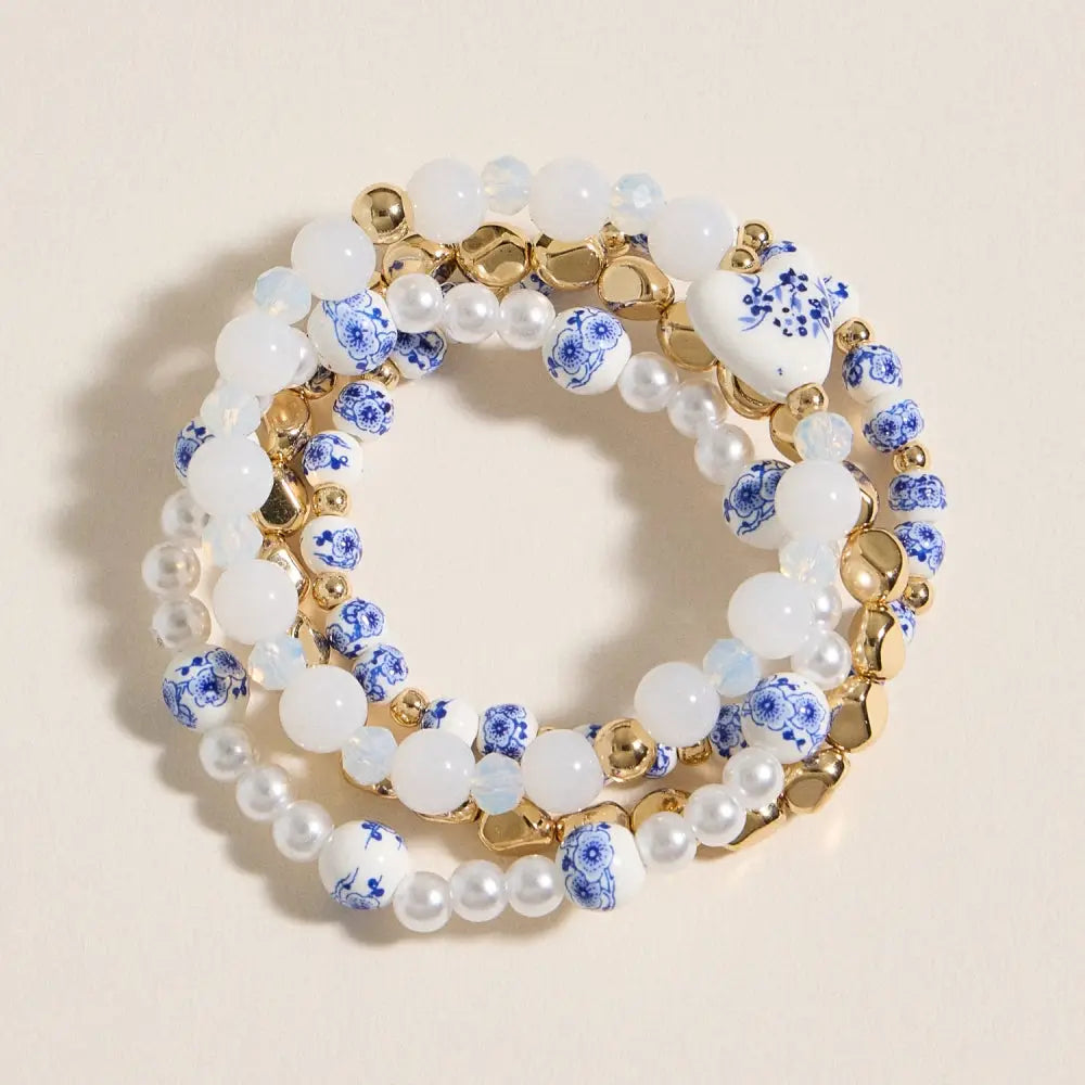 Blue Floral Beaded Bracelet Set of 4
