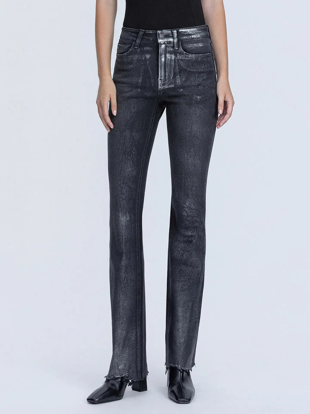 High Rise Metalic Coated Black Bootcut Jeans