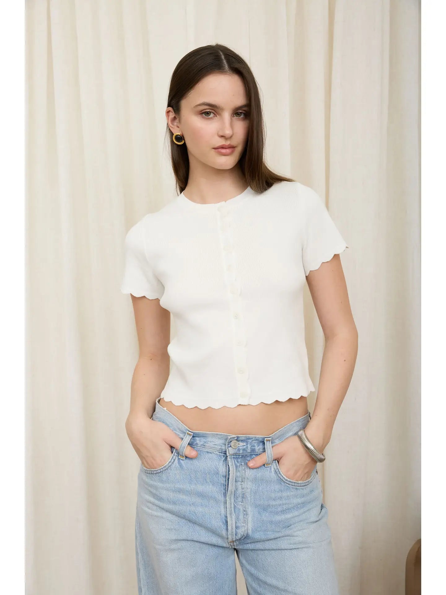 Scalloped Short Sleeve Button Down Knit Cardigan