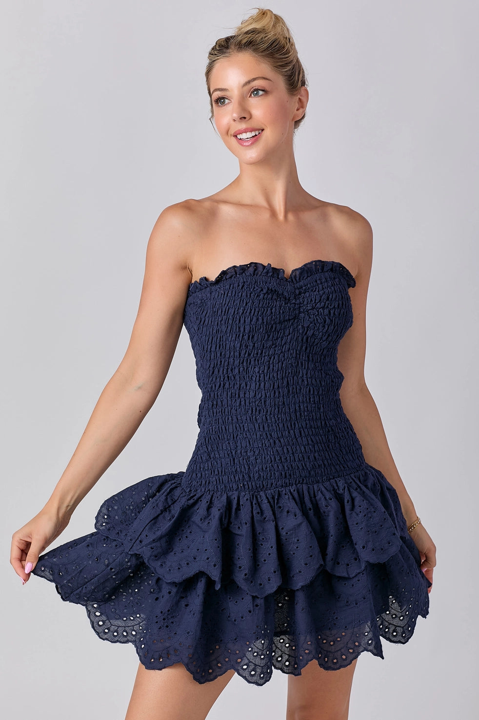 Navy Smocked Ruffle Dress