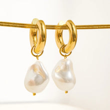Load image into Gallery viewer, Gold Pearl Hoop Earrings
