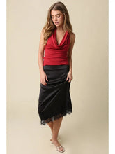 Load image into Gallery viewer, Black Lace Trim Satin Midi Skirt
